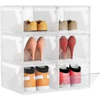 SONGMICS Schuhbox stapelbar quer und längs, aus Kunststoff, Magnettverschluss, (6 St), Schuhboxen 6er Set, bis Größe 46, weiß