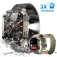 blackview Militär-Smartwatch Herren mit 900mAh Akku/LED-Taschenlampe/Kompass/SOS Smartwatch (2.01 Zoll, iOS/Android), 3-tlg., 3 x Riemen / 2 x Riemen und Ladekabel, Herzfrequenz,SpO₂& Schlafüberwachung,100+ Sportmodi,Schrittzähler,IP68