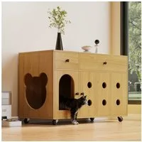 Flieks Mehrzweckschrank bewegliche Katzenkloschrank mit abnehmbarer Sandablassplatten (100×45×66 cm, 1-St) Katzenschrank mit Rollen und Schubladen Sideboard Holzschrank Natur