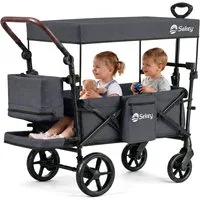 Sekey Bollerwagen Faltbar mit Dach, Kinder Bollerwagen mit XXL-Rädern (24/20 cm), Komfort für 1–2 Kinder – Federung, Kugellager & Zieh-/Schiebgriff