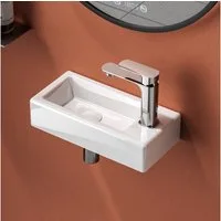EMKE Waschbecken Hängewaschbecken, Aufsatzwaschbecken aus Keramik für Bad /Gäste-WC, mit Hahnlöcher Rechts,Waschschale Eckig Weiß Spülbecken