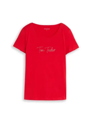Tom Tailor - T-Shirt mit Glitzer-Logo soft scarlet red - Gr. - L
