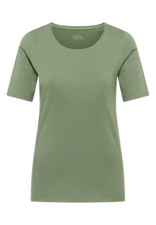 CECIL - Basic T-Shirt mit Rundhals in Unifarbe deep matcha green - Gr. - S