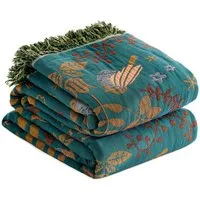 Diwzbyn Tagesdecke Boho Tagesdecke, Weiche Sommerdecke mit Vogel- & Blumenstickerei, Leichte Ganzjahresdecke für Bett, Sofa, Couch & Stuhl, Atmungsaktiv