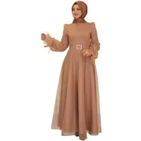 Modavitrini Abendkleid Damen Tüll Maxikleid Langarm – Festkleid mit Gürtel Modest Fashion Gürtel mit Schmucksteinen