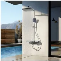 EMKE Duschsystem mit Thermostat Regendusche und Handbrause 3 Strahlarten mit Armatur, Höhe 85 cm, 3 Strahlart(en), 3 Strahlart, Wasserauslass Verbrühungsschutz, Duschamaturenset, Chrom