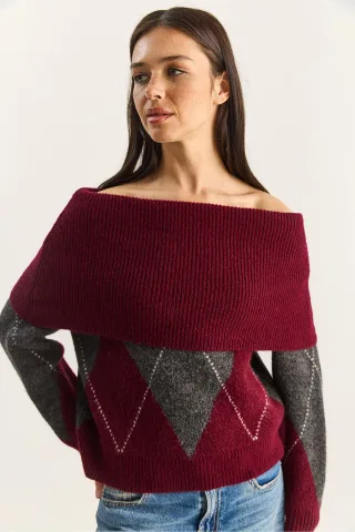 Madonna-Kragen Strickpullover mit Baklava-Muster