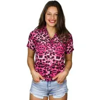 King Kameha Hawaiihemd Leopard Melone Funky Hawaiibluse Damen Kurzarm Front-Tasche Stylish