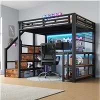 Flieks Hochbett Kinderbett Metall 140x200cm mit Lichtleiste Schreibtisch USB-Aufladen