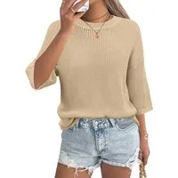 Arach&Cloz Strickpullover Damen 3/4-Arm Strickpullover, Ajour Bigshirt Bluse aus 100% Baumwolle Lässiges Sommer Oberteil mit Häkeldetails