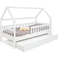Ehrenkind Hausbett Lille aus massivem Kiefernholz inkl. Rausfallschutz und Rollrost (90x200 Weiß, Hausbett mit optionalem Stauraum), 2 in 1 Aufbau bodentief oder Standardhöhe