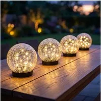 Expo Börse LED Dekolicht, LED-Leuchtmittel fest verbaut, Warmweiß, 4x Solarleuchte Außen Solarlampe Glaskugel Crackle klar LED D 12 cm