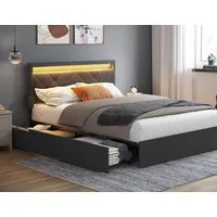 VASAGLE Polsterbett Bettgestell, Metallbett (140 x 200 cm, 4 Schubladen, verstellbares gepolstertes Kopfteil), LED, Ladestation, in 4 Größen verfügbar