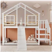 Merax Etagenbett in Blockhaus Design (1-St., Jugendbett Stockbett), Kiefer Hochbett Kinderbett 90x200cm mit Treppe Rutsche Dach Fenstern