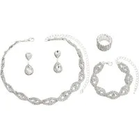 KARMA Schmuckset Strass Damen Silber Halskette Ring Ohrringe Armband (Strassohrringe Strassring Kristallkette, eleganter Schmuck Damenschmuckset Kette)