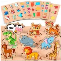 POPOLIC Lernspielzeug 6er Set Kinder Holzpuzzle,Allgemeinwissen-Rätsel, Montessori-Spielzeug (26 x 20 x 4.5 cm, 1-St., Umweltfreundliche, sichere Materialien), Puzzle Steckpuzzle Lernspielzeug Kinderspielzeug 2 3 Jahre