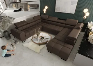 Wohnlandschaft Schlafsofa BASTIEN XL in Stoff Terra Braun Ottomane Rechts
