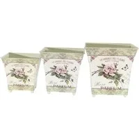 JS GartenDeko Übertopf Übertöpfe 3er-Set Rose Parfum Landhaus Provence Metall H 16,5–22 cm