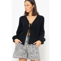 SASSYCLASSY Blusenjacke Musselin Blusenjacke mit Bindebänder Damen Leichte Baumwollbluse mit V-Ausschnitt und leichten Ballonärmeln