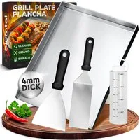 Blumtal Grillplatte Set Plancha Grillplatte Edelstahl inkl. 2 Grillspachteln & Ölflasche (Spar-Set, 4-St), Plancha Grill Set 30x40 cm – Edelstahl, rostfrei & robust für Gasgrill