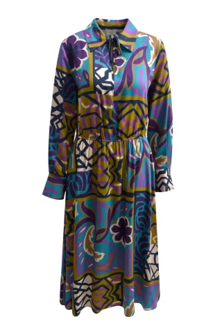 Milano Italy - Mididress with collar, 1/1 sleeves w cuff and elastic at waist dark blue print - Gr. - 36