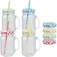Wellgro Glas Trinkgläser bunt mit Deckel 500ml + Ersatzdeckeln, 4-tlg.