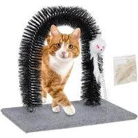relaxdays Massagebürste Kratzbogen für Katzen mit Spielmaus, grau