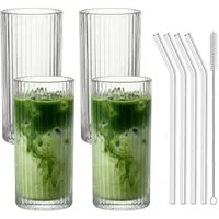 mixed24 Gläser-Set 4er Set Geriffelte Gläser 370ml inkl. Glashalm, ideal für Iced Matcha Latte, Latte Macchiato, Cocktails, Smoothies