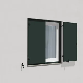 Fensterläden Dunkelgrün, Klappläden mit Montagerahmen Lamellenform Leipzig, RAL 6012 matt, 800 x 800 mm, 2-flügelig mit Schlagleiste, nach Maß konfigurieren
