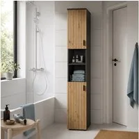 Lomadox Hochschrank MACKAY-158 30 cm breit, Eiche & grau, gerillte Fronten