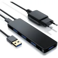 Primewire 4-Port aktiver Ultra Slim USB 3.2 Hub / Verteiler, Netzteil, Hot-Plug USB-Adapter, 150 cm, Datenhub für PC, PS4, Notebook, Netbook, Laptop, MacBook
