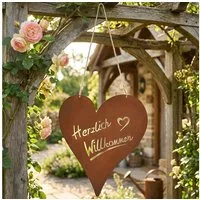 Levandeo® Dekoobjekt, Türschild Herz Willkommen Rostoptik Gartendeko Metall Herzform