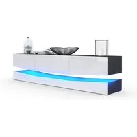 Vladon Lowboard City (TV-Kommode mit Sockelelement, 1 offenem Fach und 3 Schubkästen), Schwarz matt/Weiß glänzend, inkl. LED-Beleuchtung (178xvariabelx39 cm)