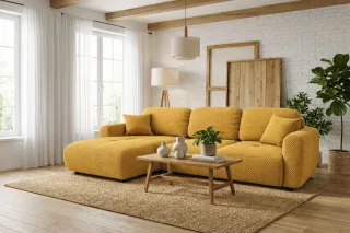 Ecksofa mit Schlaffunktion BRUSK MAX in Stoff Pop Honiggelb Ottomane Links