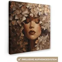 OneMillionCanvasses® Leinwandbild Gesicht - Dame - Blätter - Pinselstriche, Fotodruck (1 St), Wandbild, Deko Schlafzimmer Wohnzimmer Flur 20x20 cm