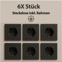 Jungengel Steckdose Wandsteckdose Rahmen 6x Stück Anthrazit Grau Unterputz Schutzkontakt, 6-St., 6er-Set Steckdosen inklusive Rahmen, Steckklemmen und Schraubklemmen, Modernes Steckdosenset in Anthrazit-Grau mit Schutzkontakt