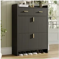 Flieks Schuhschrank Schuhkommode mit 2 Schublade, 2 Klappen und verstellbarer Einlegeböden (B75/T24/H108,5 cm, 1-St) Schuhregal Schuhkipper Flurschrank, doppelstöckiges Design Schwarz