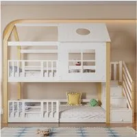 Flieks Etagenbett, Massivholz Hausbett Kinderbett 90x200cm mit Stauraumtreppe