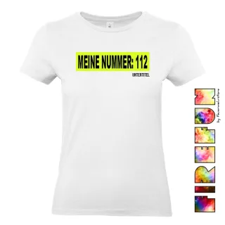 FIREFUN - Damen T-Shirt mit Aufschrift "MEINE NUMMER: 112" 2XL MIT Untertitel (max. 20 Zeichen) Hinten (Rücken) navy MIT Silberstreifen (Reflexoptik)