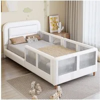 Flieks Kinderbett, Polsterbett Einzelbett 90x200cm mit Netzgewebe-Sicherheitsgeländer