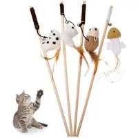 Ledander Tier-Beschäftigungsspielzeug 4 Stück Katzenspielzeug Feder Spielzeug Tier-Intelligenzspielzeug, Interaktives Katzenangel Katze Katzenspielzeug-Stab