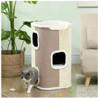 PawHut Kratztonne dreistöckige Katzentonne mit Kissen, Plüschrand und Katzenhöhle, (Katzenmöbel, 1-tlg., Kletterbaum), Beige+Weiß, 40 x 40 x 74 cm