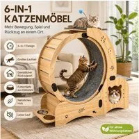MIBODE Kratzbaum-Liegemulde Katzenlaufrad 6-in-1, Laufrad für Katzen, leiser Lauftrainer aus Holz, 6-in-1 Katzenlaufrad, leise Rollen, Holz, freistehend