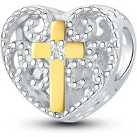 PANDACHARMS Bead Goldenes Kreuz auf Verziertem Herz Charm, 925er Silber, Zirkonia