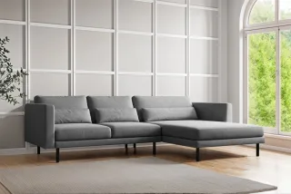 Ecksofa Designersofa AGADA in Stoff Verita Grau Ottomane Rechts