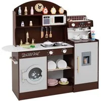 COSTWAY Spielküche Holz, Kinderküche mit Mikrowelle, Spüle, Holz