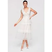 OMBRE Abendkleid Cocktailkleid Spitze Tüll Midi-Kleid Weiß L (kein Set, 1-tlg) Mehrlagiger Rock, Spitze am Oberteil