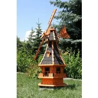 Holzdekoladen Deko-Windrad Gartenwindmühle aus Holz 130 cm – mit weißer Solarbeleuchtung