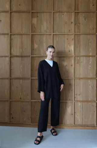 Knitterlook Textured Kimono Anzug Schwarz