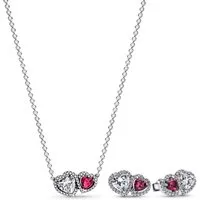 Pandora Herzkette 28512, für Damen-Schmuckset und Ohrringe Halo Herzen Zweifarbig